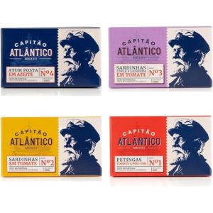 Pack varié de conserves de poisson – Filet de thon à l’huile d’olive, sardines sans peau ni arêtes en sauce tomate, petites sardines épicées en sauce tomate – Pack de 4 (Pure Brands Portugal, neuf)