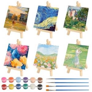 6 PcsToile Peinture, Mini Toile a Peindre Coton, 10x10cm Toiles &agrave; Peindre, Toile Blanche pr&eacute;-&eacute;tir&eacute;es pour Peintures Acryliques Huile Peintres + 6 Mini Chevalet en Bois, 4 Pinceaux et 2 Kits Peinture (ErShiPing, neuf)