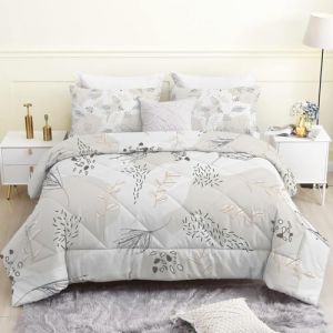 Linfye Couette 140x200 Enfant, Plante Gris Clair Imprim&eacute;e Duvet 1 Personne L&eacute;g&egrave;re Chaude 4 Saisons, Motif Moderne Douce R&eacute;versible Edredon et 2 Taies d'Oreiller 65x65 cm (Linfye Maison Confortable, neuf)