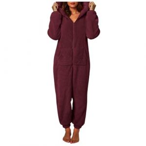 XIANUOJI Combinaison Pyjama Femme Grenouillere Combi Tout en Un Chaud en Polaire, Pyjamas Barboteuse Capuche V&ecirc;Tement en Peluche Nuit Adulte Costume Loungewear Grenouill&egrave;re (Vin, XL) (XLEWHX, neuf)