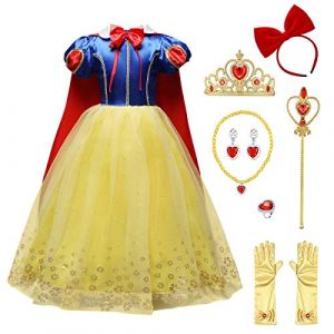 IWEMEK Princesse Costume de Blanche Neige avec Cape Accessoire Filles Conte de Fée Robe de Carnaval Déguisements Cosplay Halloween Noël Robe de fête Cérémonie Anniversaire Vêtements 9pcs 5-6 Ans (IWEMEK, neuf)