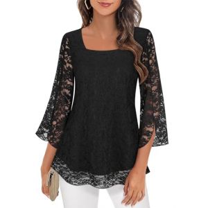 Syphiby Chemisier à volants à manches 3/4 pour femme - Haut ample et fluide en mousseline de soie - Double couche - Tailles M-3XL, Dentelle noire, XL (ACDAY, neuf)