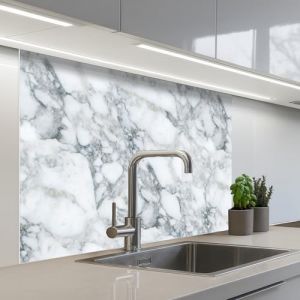 KitchenYeah© Crédence Cuisine À Coller 80x100 cm Protection Plaque De Cuisson Adhesif Plastique Rigide Dalle Murale Mosaïque - Marbre - Blanc - Irrégulier (KitchenYeah, neuf)