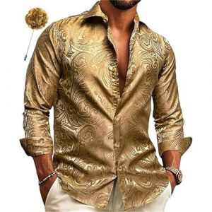 Chemise &agrave; manches longues brillante pour homme, chemise de costume de carnaval dor&eacute;e brillante avec jacquard fonc&eacute;, chemises de mariage, v&ecirc;tements de rue tendance, couleur unie, or, XL (H2621Lyuqin, neuf)