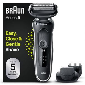 Braun Series 5 51-W1500s Rasoir &Eacute;lectrique Homme, M&ecirc;me Pour Barbes Dures, 3 Lames S&rsquo;Adaptant Aux Contours Du Visage, Tondeuse EasyClick & EasyClean, &Eacute;tanche Avec Grille Sans Fil, Blanc (Saltibo, neuf)