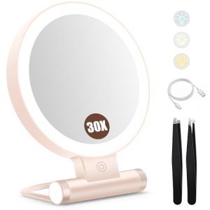 Miroir de maquillage avec &eacute;clairage, miroir grossissant double face 1X/30X avec lumi&egrave;re, 2000 mAh, 3 modes d'&eacute;clairage de couleur, luminosit&eacute; r&eacute;glable, pliable et compact, taille de voyage (B Beauty Planet-FR, neuf)
