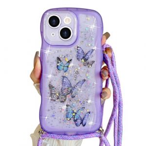 Yzniyzce Cordon de Coque Compatible avec iPhone 15 Plus 6.7'', Transparentes Curly Wave Housse Brillant Paillette R&eacute;glable Lanyard TPU Cute Silicone Lanyard Papillon &Eacute;tui pour Fille Femme, Pourpre (Ynice, neuf)