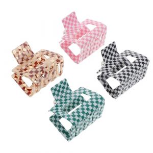 Lot de 4 Pinces &agrave; Griffes en Ac&eacute;tate Petit Format, Motif Carreau Noir et Blanc, Blanc Nacr&eacute;, Vert blanc et Rose, Accessoires Cheveux Femme Antid&eacute;rapants pour Coiffures (Merlun, neuf)