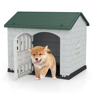 GOPLUS Niche pour Chien Exterieur XXL en PP, Cabane Chien Imperméable&Ventilé, Maison pour Chiot Interieur avec Porte, 3 Fenêtres, Toit Incliné, Plancher Surélevé (Vert, 75x58x65CM) (Augenstern24, neuf)