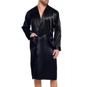 Lovasy Peignoir Homme Satin Robe de Chambre en Soie Léger à Manches Longues Peignoir de Bain kimono Doux et Confortable Vêtement de Nuit avec Ceinture et Poche,A-Noir,XXL (Lovasy Direct, neuf)