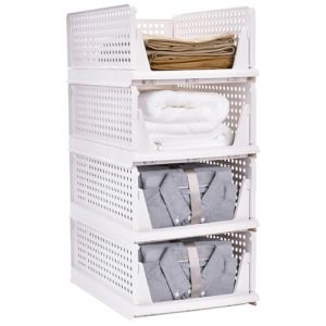 WODFARR Organisateur Armoire Vetement 4 Pcs Organisateur Tiroir Empilable Rangement Dressing Organisateur Plastique Boîtes de Rangement pour Armoire et Dressing (Blanc, 33.5x42.5x74 cm) (hlang EU, neuf)