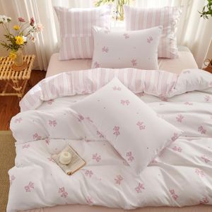 Sedefen Housse de Couette 220x240cm Blanc Rose Rayures Noeud Papillon R&eacute;versible Parure de Lit 2 Personne Ado Romantique Housse Couette en Microfibre avec Fermeture &Eacute;clair et 2 Taie d'oreiller 65x65cm (ArvinBoutiques, neuf)
