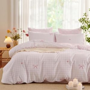 Freyamy Housse de Couette 140x200cm+1 Taie d'oreiller 65x65cm Plaid Noeud Papillon Blanc Rose Parure de lit Ado Adulte Filles Sets de Housse Couette en Microfibre avec Fermeture Éclairs (Mitchell'SZ, neuf)