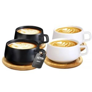 VETIN Lot de 4 Tasses &agrave; cappuccino avec soucoupe, tasse en marbre, 320 ml, en porcelaine, pour th&eacute;, caf&eacute;, cappuccino, tasses &agrave; caf&eacute; avec disque en bois (Noir*2 + Blancs*2) (VETIN, neuf)