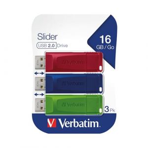 Verbatim Cl&eacute; USB Slider Multipack 16Go I USB 2.0 I 3 cl&eacute;s USB I pour Laptop Ordinateur Portable ultrabook TV autoradio I Stick USB 2.0 I Cl&eacute; USB avec Un syst&egrave;me de Poussoir I Rouge Bleu Vert (Ponera, neuf)