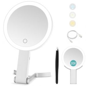 Miroir Grossissant Lumineux, Miroir Grossissant de Voyage, Double face 20x/1x éclairage Rechargeable à 3 Couleurs, Pliable, à main, à suspendre, de table, 3 façons d'utiliser le miroir, Blanc (B Beauty Planet-FR, neuf)