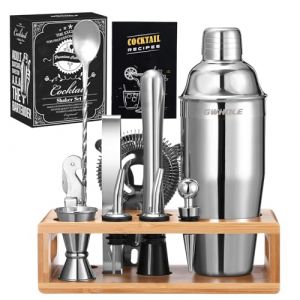 GWHOLE Shaker Cocktail Kit Shaker Cocktail INOX, Kit Cocktail Complet Professionnel, Kit Mojito Shaker INOX, Kit Shaker à Cocktail en Acier Inoxydable avec Accessoires, Support Bois, Recette (FDSJGDIFOIH, neuf)