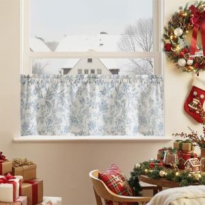 TOPICK Rideau Cuisine Fleuris Bleu Rideau Court Brise-Bise Cantonni&egrave;re Petit Style Rustique Vintage Aspect Lin Translucide D&eacute;coration Int&eacute;rieure Passe-Tringle Fenetre Placard 125 x 40 cm (L x H)-1PC (Audrey Home Fashion, neuf)
