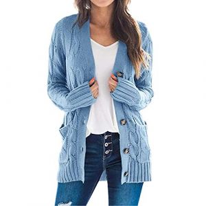 Gilet Long Femme Cardigan Chic Et Elegant Gilet Grosse Maille avec Boutons Cardigan De Poche Devant LéGer Veste Cardigan Pull Basique Automne Et Hiver Bleu S (Zawalud, neuf)