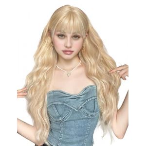 Maeau - Femme Perruque Grandes Boucles Cheveux Longs avec Frange Ado Fille Wig Résistantes à la Chaleur Synthétiques Perruque Festival Vacances Jaune (YDAEU, neuf)