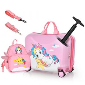 DREAMADE Valise Roulette Enfant 18" et Sac &agrave; Dos 12" avec Bandouli&egrave;re R&eacute;glable Bagage Cabine Enfant 3+Ans avec Roues Pivotante 360&deg; Bagage &agrave; Main Fille et Gar&ccedil;on Charge 50KG+8KG (Licorne Rose) (DREAMADE, neuf)