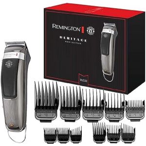 Remington Tondeuse Cheveux [Edition Limitée Manchester United] Heritage (Design Vintage, Moteur Pro, 11 Sabots 1,5-25mm, Secteur/Sans fil-Batterie Lithium, Serviette de toilette) Tondeuse HC9105 (TopRobot, neuf)