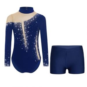 ranrann Enfant Fille Justaucorps Gymnastique avec Short Ensemble Danse Gym Patinage Strass Costume Spectacle 3-16 Ans B Bleu marine 9-10 ans (ranraneu, neuf)