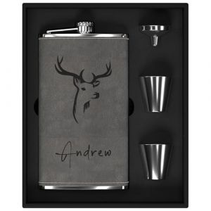 Flasque a Alcool Personnalisé, Flasque Whisky en Inox 304 12oz/355ml Personnalisable avec Motif de Cerf, Fiole Alcool Personnalisé pour Cadeau Homme (Gris) (Step DIY, neuf)