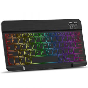 MMK Clavier Bluetooth, Layout AZERTY, Touches Silencieuses, Mini Clavier sans Fil R&eacute;tro&eacute;clair&eacute; Rechargeable pour iPad 10e G&eacute;n&eacute;ration/iPad Pro/Air/Mini/10.2"/9.7", iPhone, Android, Windows (Noir) (AIRCASE-EU, neuf)