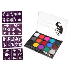NUOBESTY 3 Ensembles Peinture Corporelle Halloween Kits Visage Pour Enfants Briller Maquillage Pour Enfants Avec Pochoirs Surligneur Paillettes Pour Le Corps Pinceau De Maquillage En Nylon (Sarah Zou, neuf)