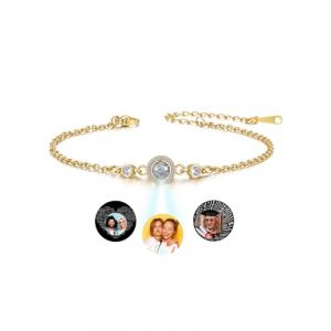 Jovivi Bracelet de Projection Photo Personnalis&eacute; pour Femme avec Image Rond &agrave; l'Int&eacute;rieur, Pendentif Cercl&eacute; le Ziron Acier Inoxydable Cadeau pour Maman Anniversaire Valentine (Or) (kaenmis, neuf)