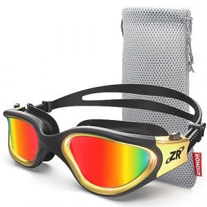 ZIONOR Lunettes de natation polarisées pour homme et femme, G1 Lunettes de natation avec miroir/lentille fumée, protection UV, anti-brouillard, sangle réglable (G1-MAX-BlackGold-Red) (YKY CORP, neuf)