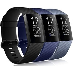 Dirrelo Pack de 3 Bracelets Compatibles avec Fitbit Charge 3/4 pour Femmes et Hommes, Silicone Souple Sport Réglable, Noir+Bleu+Bleu-gris, L (GooyooStoreEU, neuf)