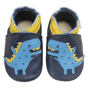 Bemesu Chausson Bebe Chaussons Cuir Souple B&eacute;b&eacute; Gar&ccedil;on Fille Premiers Pas Chaussons Enfant (Dinosaure Bleu fonc&eacute;, L, 12-18 M, EU 21/22) (Bemesu, neuf)