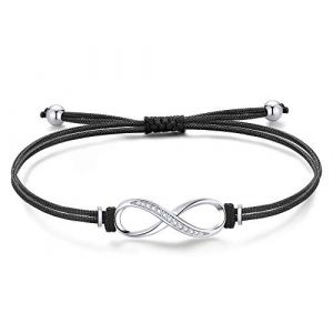 Jrêveinfini Infini Bracelet Femme Enfant Fille Argent 925, Tressé Bracelet Amitié Porte Bonheur Femme, Personnalisé Noir Bracelet Cordon Cuir Maman, Cadeau Fete des Meres Anniversaire Femme Soeur (Infinitedream, neuf)