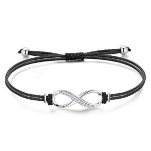 Jrêveinfini Infini Bracelet Femme Enfant Fille Argent 925, Tressé Bracelet Porte Bonheur Femme, Personnalisé Noir Bracelet Cordon Cuir Maman, Cadeau Fete Des Meres Anniversaire Femme Maman (Infinitedream, neuf)