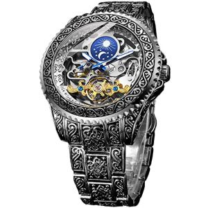 FORSINING Montre rétro pour homme sculptée à remontage automatique - Tourbillon - Phase de lune - Secondes indépendantes - Squelette automatique - Grand cadran, Argenté., Sangle (Global Fashion Show, neuf)