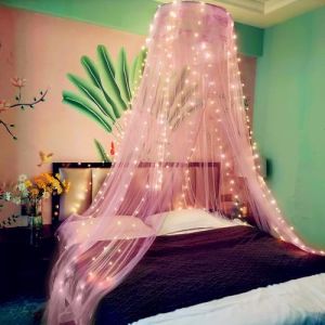 Eimilaly Ciel de lit en Dentelle moustiquaire avec lumières Chaudes, Princesse Ciel de lit pour Fille décoration de Chambre, Rose/Unique Porte (Aimilaly, neuf)