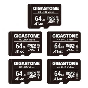GIGASTONE Carte M&eacute;moire 64 Go Lot de 5 Cartes, Compatible avec Gopro Drone Cam&eacute;ra Tablette Samsung Sony, Haute Vitesse pour 4K UHD Vid&eacute;o, A1 U3 C10 Carte Micro SDXC avec Mini &eacute;tui et Adaptateur SD. (Gigastone Pro, neuf)