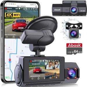 Abask 4K 2160P+1080P+1080P Dashcam Voiture Avant Arrière Intérieur,3 canaux WiFi GPS Camera Voiture,2.45'' IPS Caméra Embarquée Voiture avec Carte SD 64G,Grand Angle 170°,Vision Nocturne,WDR,G-Capteur (ABASK_ZH_STORE, neuf)