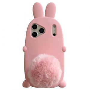 QoKcoahn Coque compatible avec iPhone 15, mignon 3D Kawaii dr&ocirc;le dessin anim&eacute; lapin en peluche queue de lapin en peluche avec support, coque de protection en gel de silicone souple pour femmes et (ShinOya, neuf)