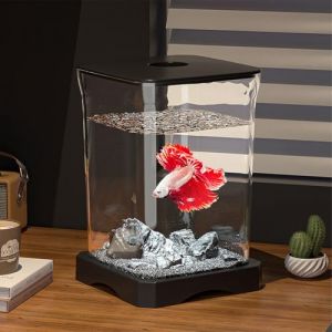 Niwugady Aquarium rectangulaire avec ouverture d'alimentation supérieure et lumière de sol intégrée - Mini aquarium de table rectangulaire - Décoration de table pour poissons combattants - 11,8 x 11,8 (Antiyou, neuf)