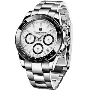 Pagani Design Montre &agrave; Quartz Classique pour Homme Mouvement Japonais VK63 Lunette en c&eacute;ramique Acier Inoxydable &Eacute;tanche Business Sport Chronographe Date, Blanc-pd1644 (Tyberley Watch Store, neuf)