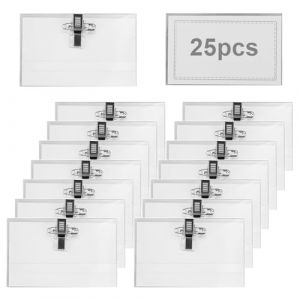 Porte Badge 25pcs étiquettes nominatives transparentes de 90 x 56 mm avec clip et épingle, Porte-Carte d'Identité Transparent Résistant à l’Eau Pour Badge Infirmiere Ecoles Entreprises (CARANNAC LTD, neuf)
