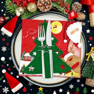 KKSTOTO Porte Range Couverts No&euml;l, Deco Table Noel, 12 PCS Porte Couvert No&euml;l et 20 PCS Serviettes, Titulaires Vacances P&egrave;re Fourchette Cuill&egrave;re Sac de Rangement D&icirc;ner D&eacute;coration pour Table (RIJUN, neuf)