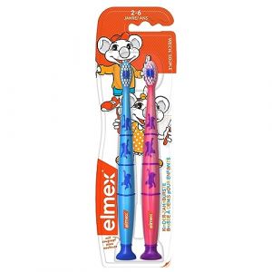elmex Lot de 2 brosses &agrave; dents souples pour enfants de 2 &agrave; 6 ans - Avec ventouse, diff&eacute;rentes couleurs (couleurs non s&eacute;lectionnables) (LMHG, neuf)