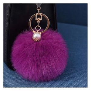 Wisafory Porte-cl&eacute;s Pom Pom avec perle dor&eacute;e, peluche en fausse fourrure, porte-cl&eacute;s, porte-sac, porte-bagages, accessoires de sac &agrave; main, charme pour t&eacute;l&eacute;phone portable pour femmes, violet profond (Qunrong, neuf)