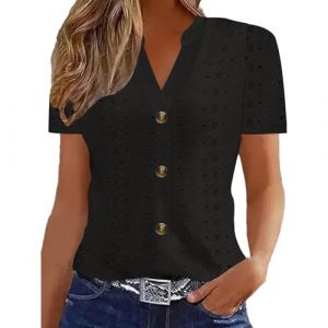 Chemisiers Et Blouses Femme Tunique Chemisier Femme Manche Courte Chic Et ÉLéGant Chemises Couleur Unie ÉTé Ample Haut Top à Revers LâChe Respirant Blouse Grande Taille Col V Button T Shirts (5.0⭐⭐⭐⭐⭐(vente flash/soldes)Yaair-OEF, neuf)