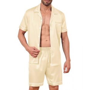 Elainone Ensemble Pyjama Homme en Soie Satin, Pyjama en Satin pour Homme, Pyjama Deux Pi&egrave;ces &agrave; Manches Courtes, V&ecirc;tement de D&eacute;tente avec Boutons et Poches, champagne, L (Elain One Store, neuf)