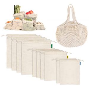 Anstore Lot de 11 sacs à fruits et légumes réutilisables en coton sans plastique - Filet de courses pour fruits et légumes - Sacs à pain lavables (2 S, 4 M, 4 x L+1 sac de rangement) (JieSD Shop, neuf)